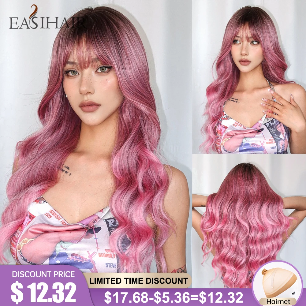 

EASIHAIR Ombre Pink Red Long Wavy Synthetic Wig with Bangs Water Wave Hair Wigs for Women Heat Resistant Cosplay Daily Use Wig