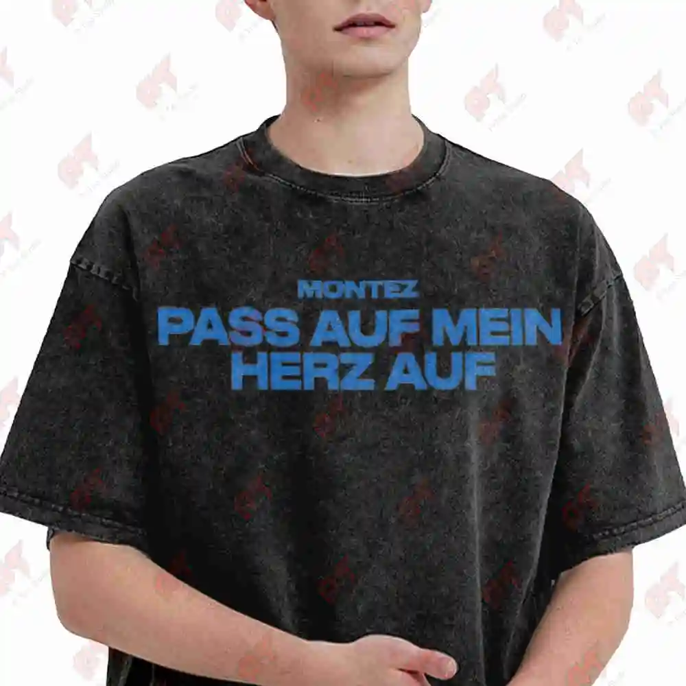 Montez Pass Auf Mein Herz German Text Vintage Washed Tee Pure Cotton T-Shirt