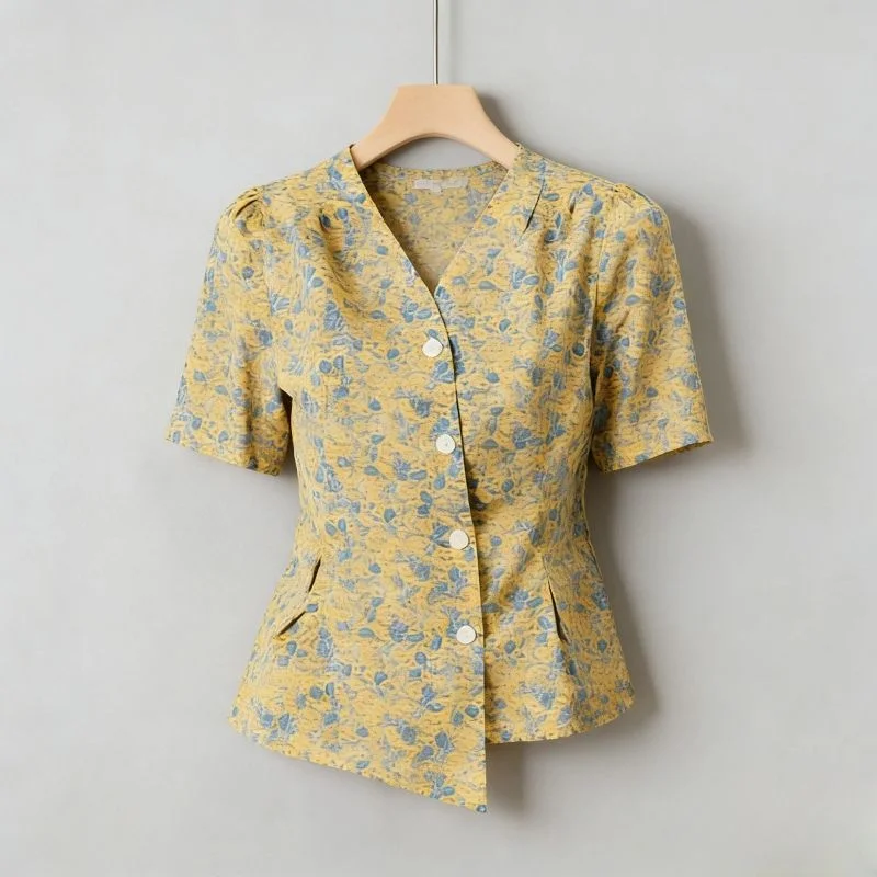 

Women's Floral V Neck Blouse Short Sleeve Cotton Button Down Asymmetric Hem Casual Summer Shirt