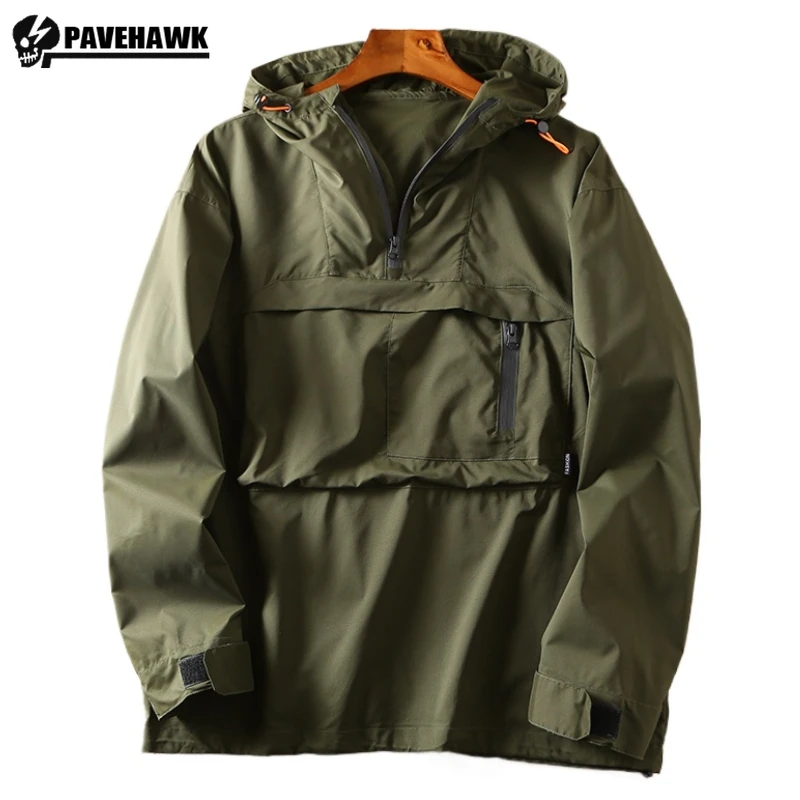 

Outdoor Mens Waterproof Hoodie Quality Japanese Tooling Half Zip Pullover Jacket Big Pocket Windbreak Hooded Trench Coat Thin