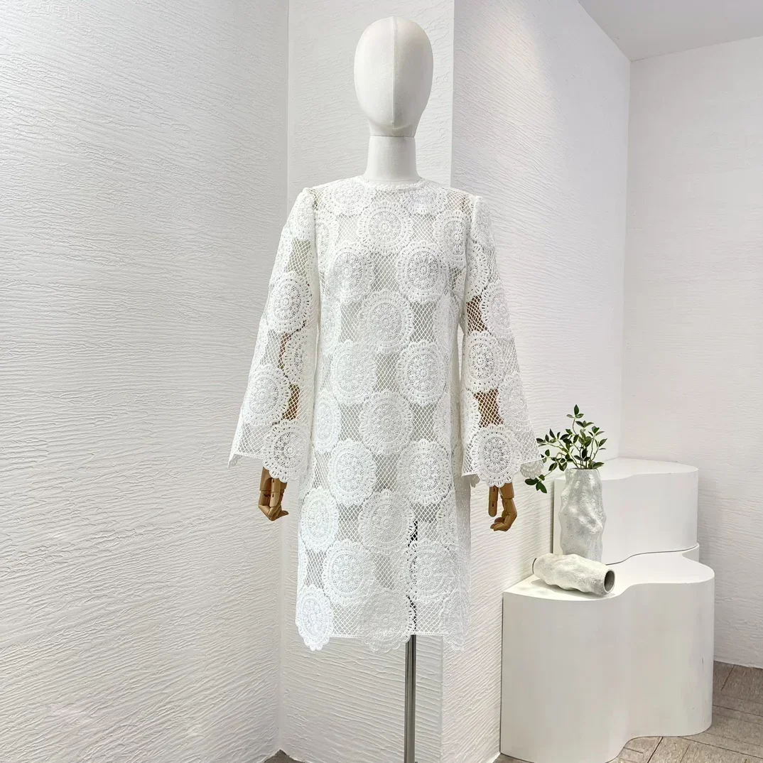 

Classic White Crochet Hollow Cotton 2025 Latest New Long Sleeve Top Quality Women Holiday Mini Dress