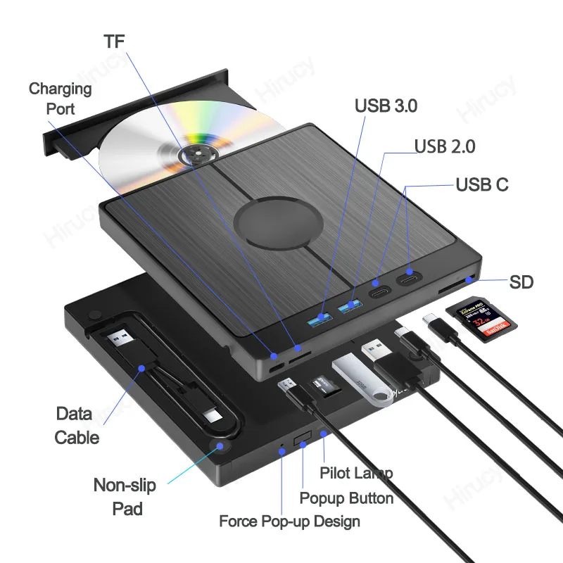 Imagem -04 - Queimador Óptico Portátil com Slot para Cartão sd tf para pc Portátil Unidade Bluray Externa Dvd e Cd-rw Player Usb 3.0 tipo c em 1