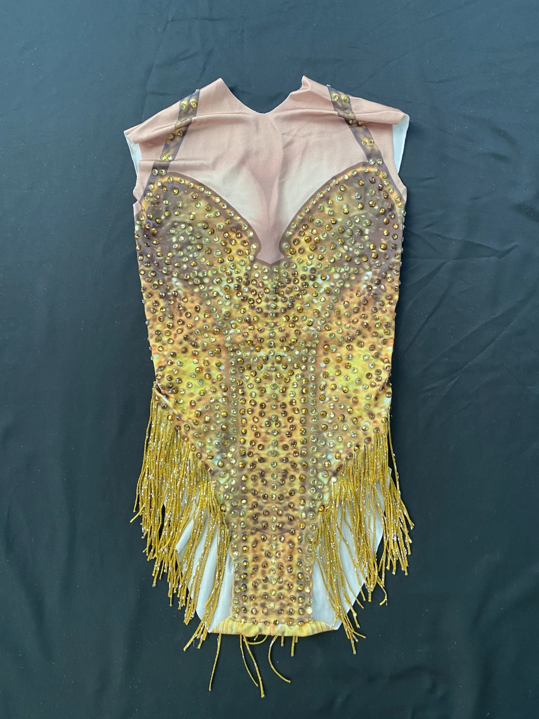 Sexy Nightclub Prom Dancing Costume One-piece Outfit Sparkly Gold Tassel Rhinestones Bodysuit Performance Stage Dance Wear