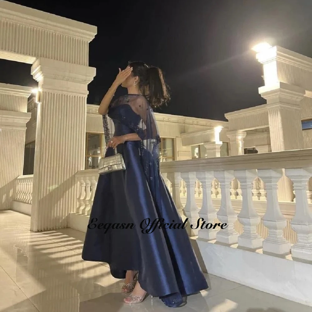 Navy Blue Satin Evening Dress Detachable Shawl Saudi Arabic A-line Long Prom Party Dresses Women Birthday Gowns Customized