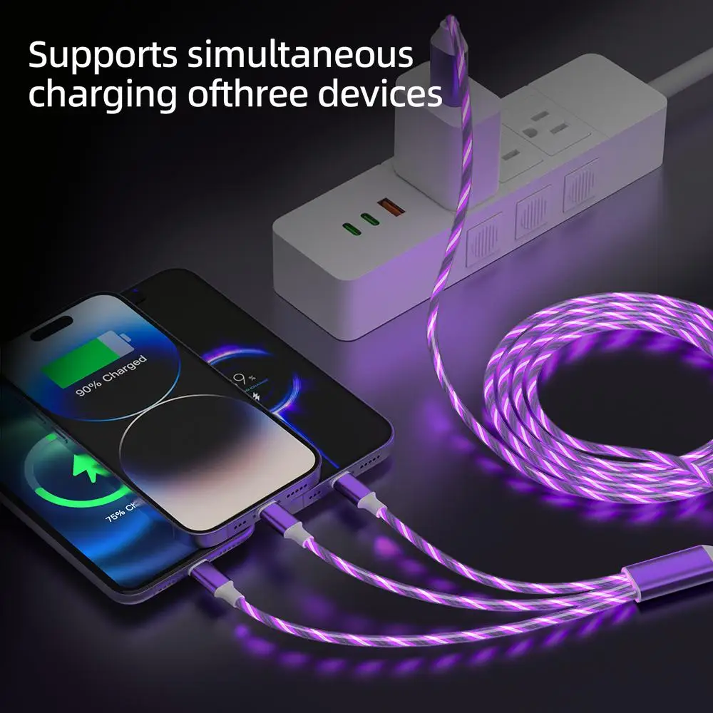 كابل شحن الهاتف 3 في 1 متعدد USB متدفق LED، مع واجهة لموصل شاحن USB Apple + Type C + Micro