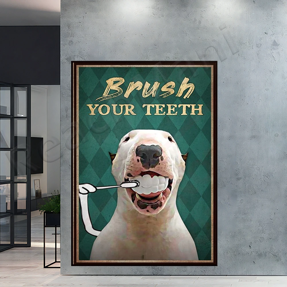 

brush your teeth bathroom poster, brush your teeth art, funny dog poster, toilet poster, bull terrier poster