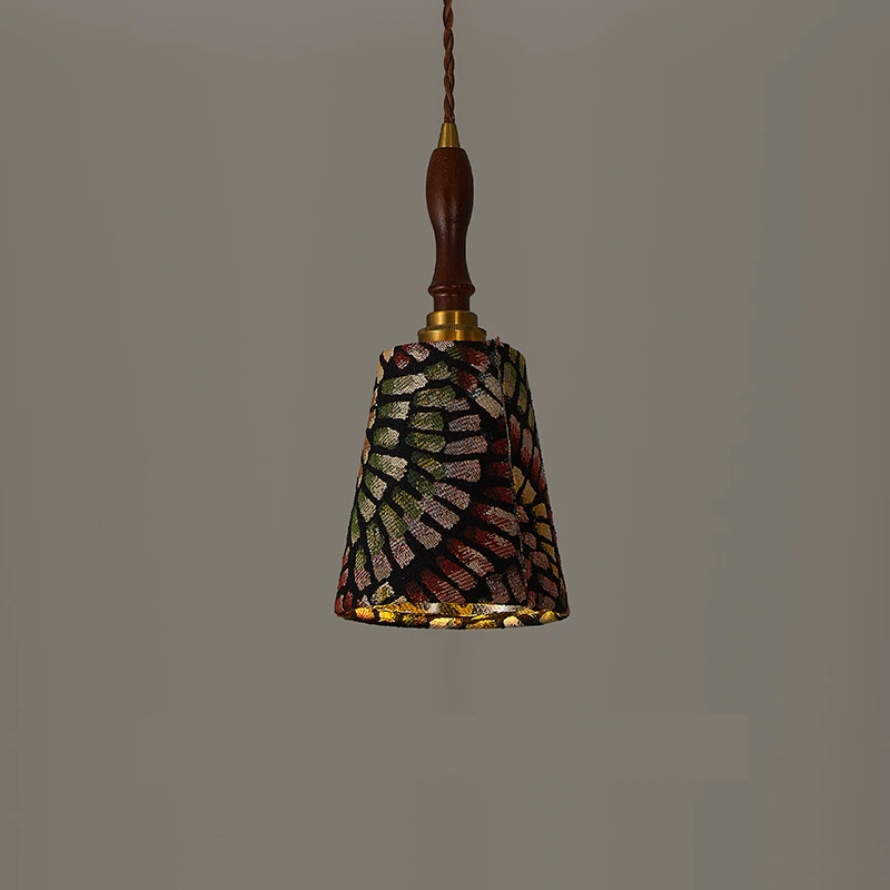 

French Medieval Wood Chandelier For Dining Room Home Decor Vintage Original Design Colorful Fabric Pendant Light E27 LED Bulb