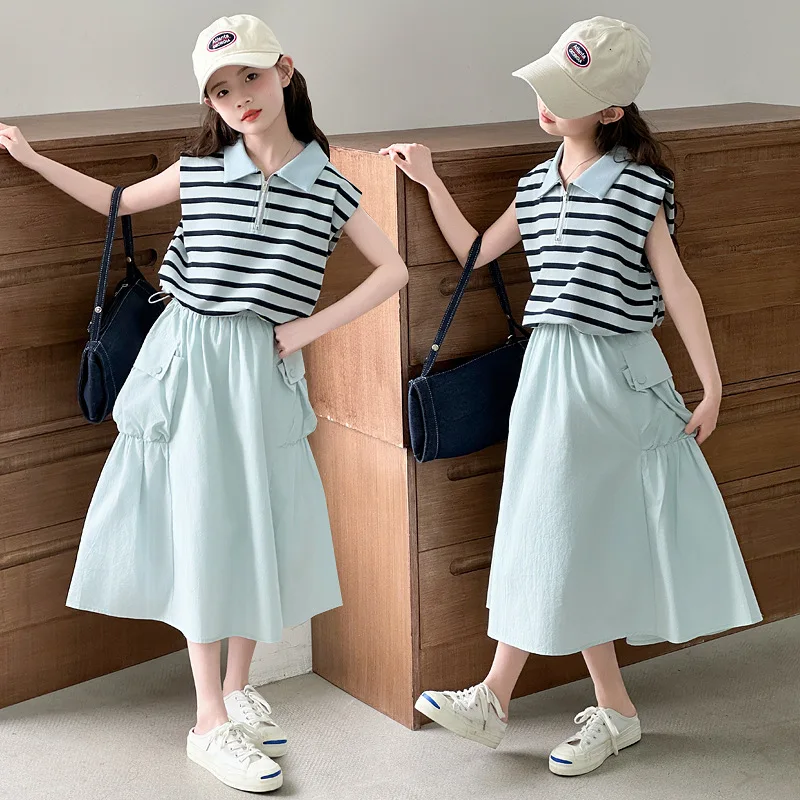 

High Quality Girls Summer Set Children's Stripe Top And Skirt Two-Piece Suit for Big Kids Trendy Outfit for Ages 4-14Years