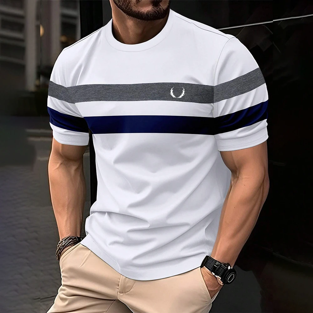 Camisetas para homens simples listrado impressão moda rua verão manga curta camisetas soltas casuais oversized em torno do pescoço esportes topos