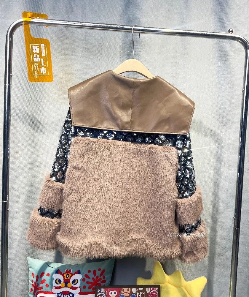 2025 European Style Autumn Winter New Faux Fur Coat for Women with Sequin Patchwork PU Leather Winter Coat Women Fluffy Jacket