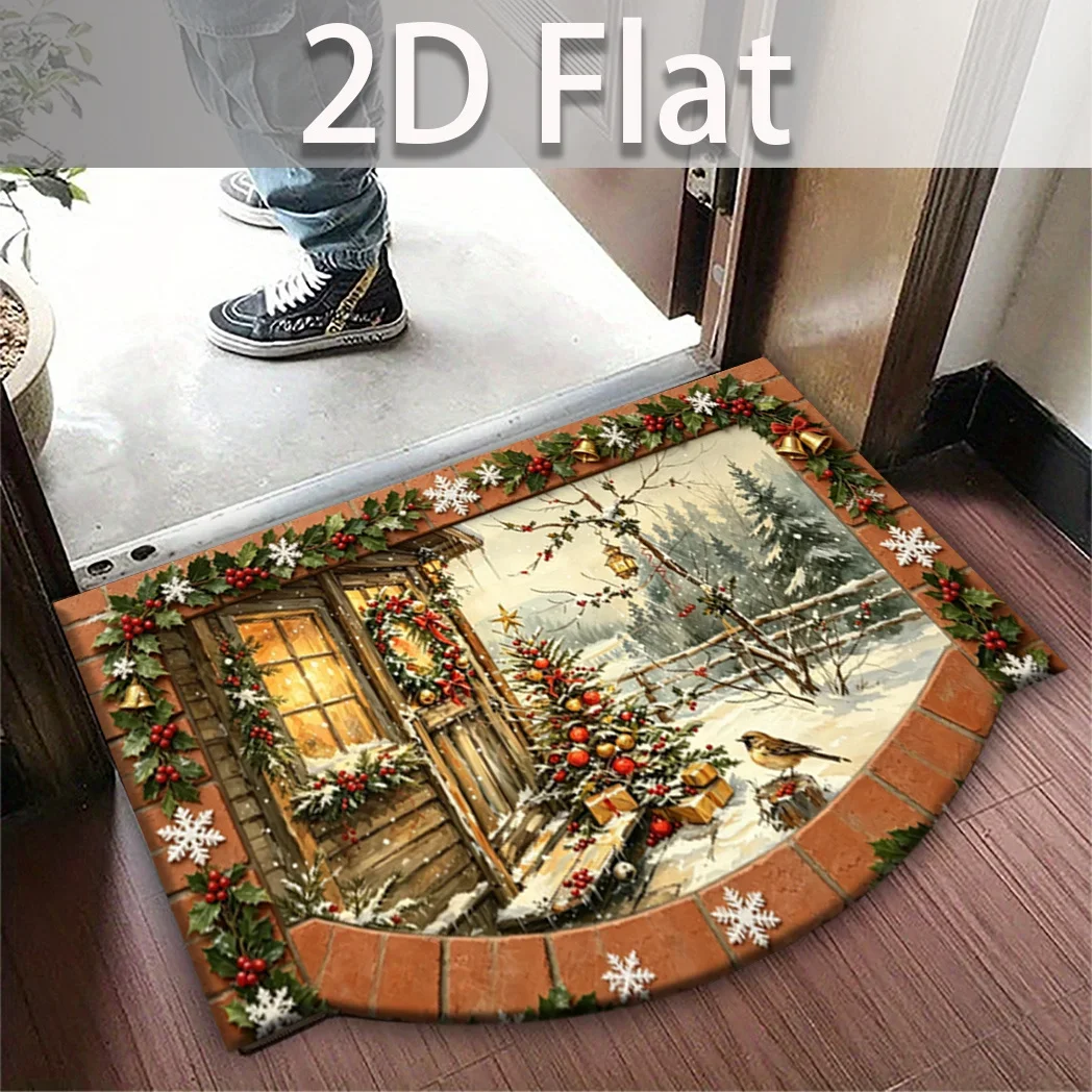etro Christmas Farmhouse Floor Rug Snow Covered Barn Red Truck Holly Pinecone Pattern Non Slip Entryway Mat