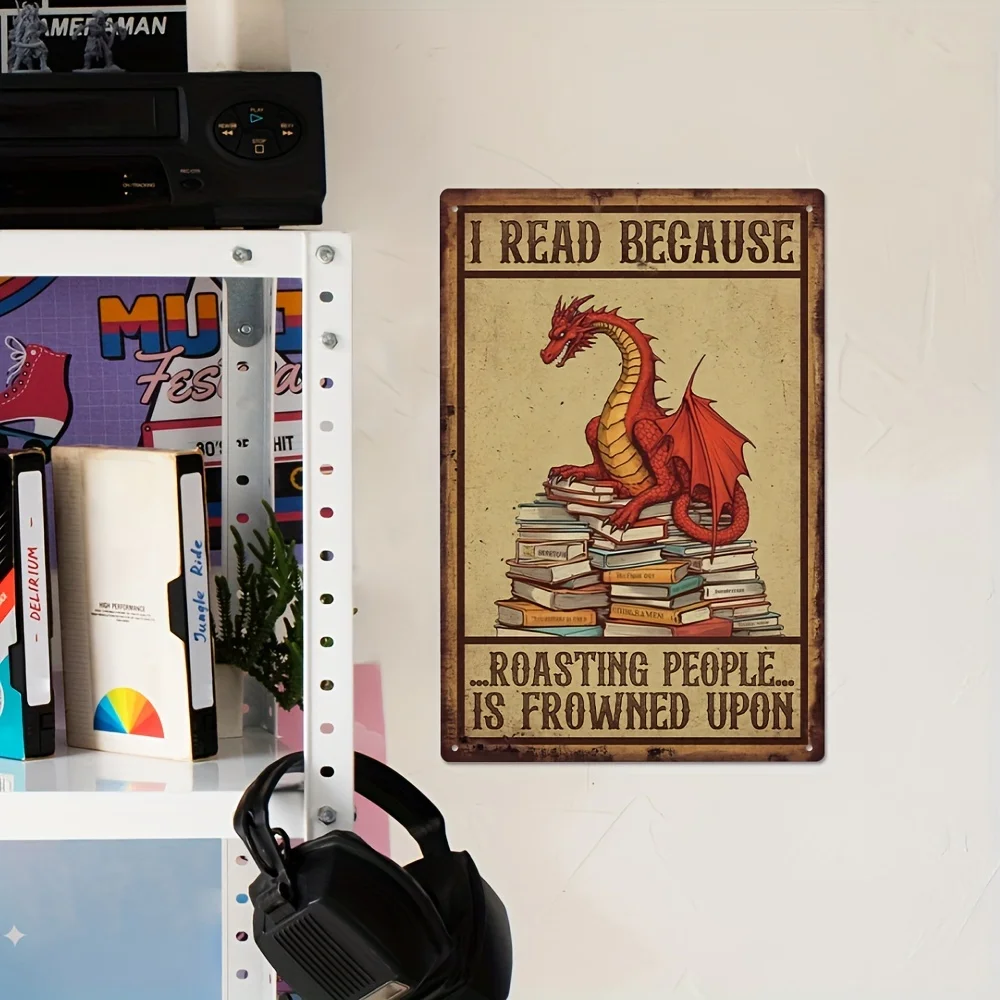 2D Flat Iron Decor Vintage Red Dragon Metal Poster - Funny Book Lover Decor with Reading Dragon, Retro Library Wall Art for Home