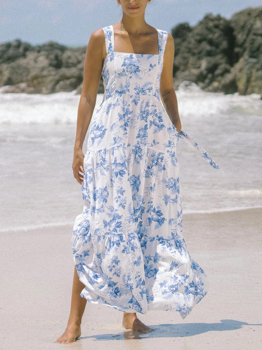 

Women'S Summer Long Vest With Square Collar Suspender Printed Wide Shoulder Strap Backless Flowing A-Line Beach Dress