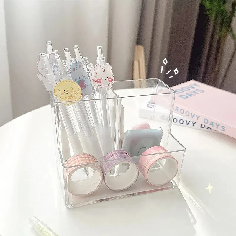 Transparent 3 Grids Pen Holder Box Make Up Brush Bucket Cosmetic Organizer Student Desk Pen Container Storage Box