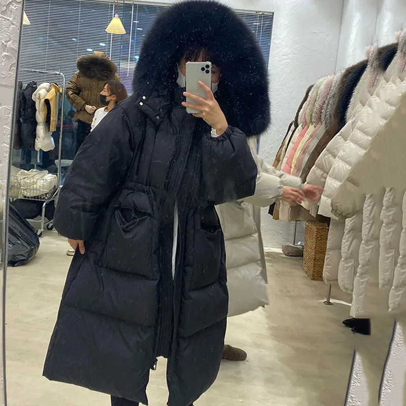 New Winter Snow Long Jacket Women Large Natural Fur Collar Hooded Parkas 90% White Duck Down Coat Thick Warm Outwear