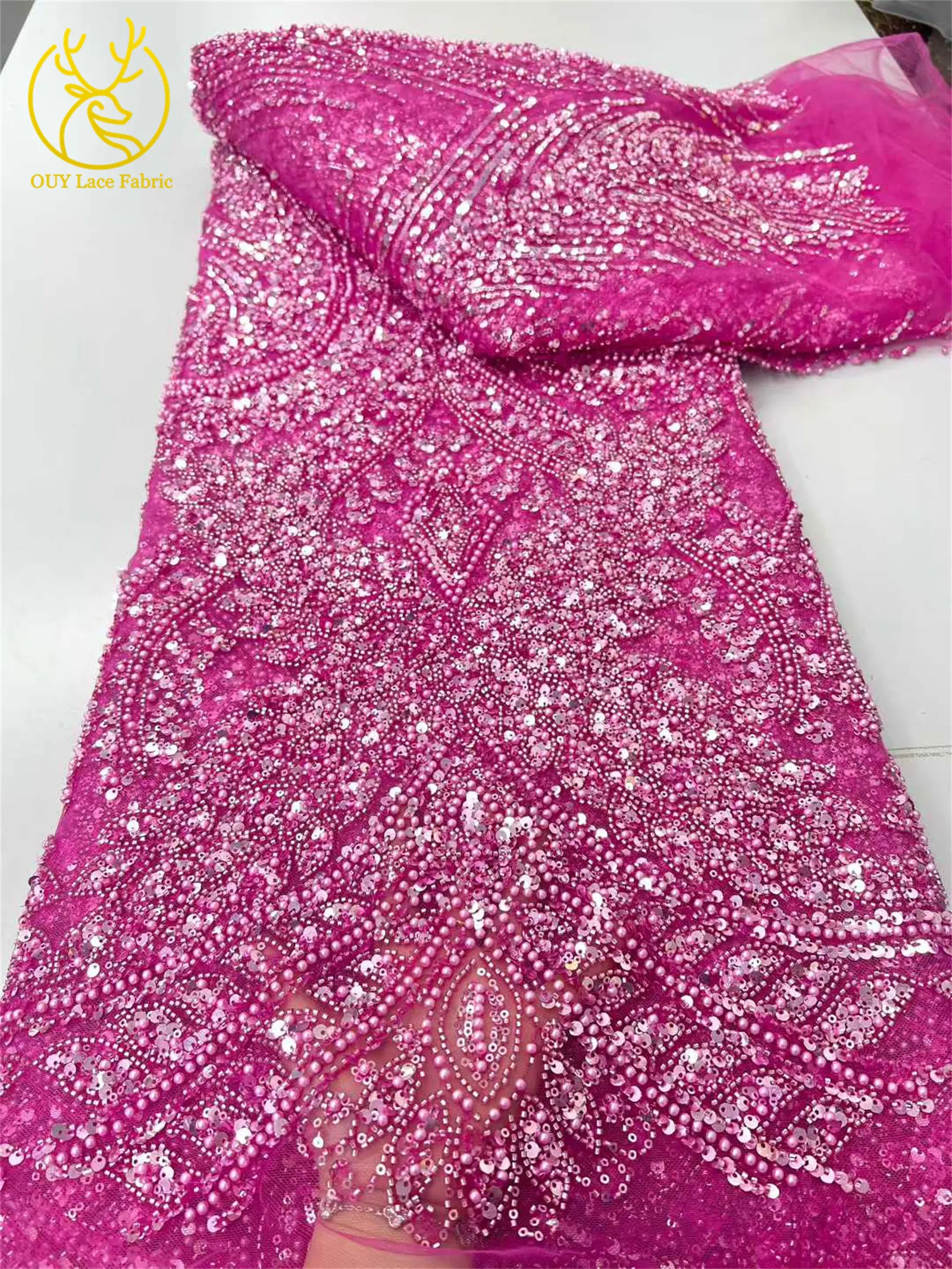 2026 Afrikanischer Spitzenstoff, hochwertiger Kaffeebrauner französischer Spitzenstoff mit Perlen und Pailletten, nigerianischer Braut-Mesh-Spitzenstoff, 5 Yards – Detail 10