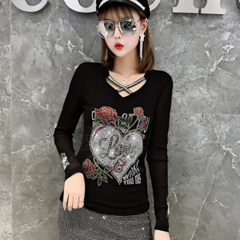 New Fashion Autumn European T-Shirt Clothes Women Chic Sexy Shiny Rose Diamonds Tops Long Sleeve Bottoming Shirt Tees Blouse