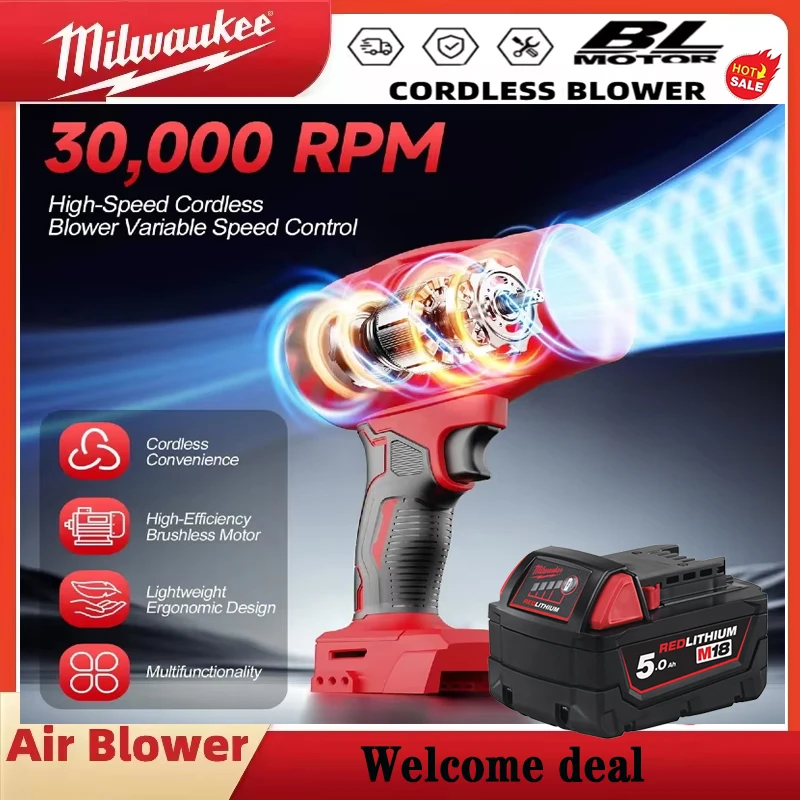 Milwaukee M18 Turbo Blower 30000r/min, souffleur d'air haute puissance d'origine pour un vent super fort, idéal pour le dépoussiérage et le séchage des voitures