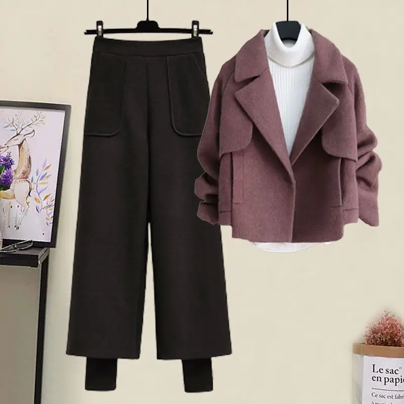 2022 Autumn Cashmere Jacket Jacket High Collar Knitted Sweater Casual Pants Three Piece Elegant Women's Pants Set Warm Full Set