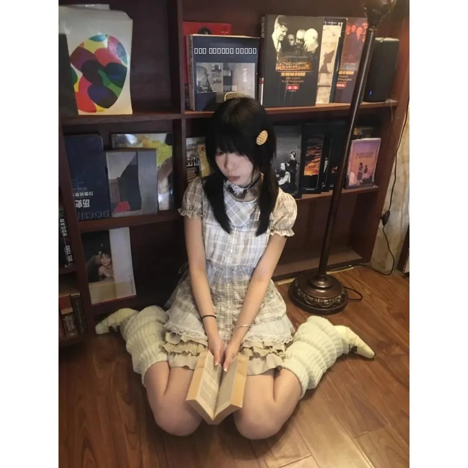 Slim Fit Plaid irt Women's Japanese College Sle Bubble Sve Doll Collar Lace Trim irt Trendy Summer Casual irt