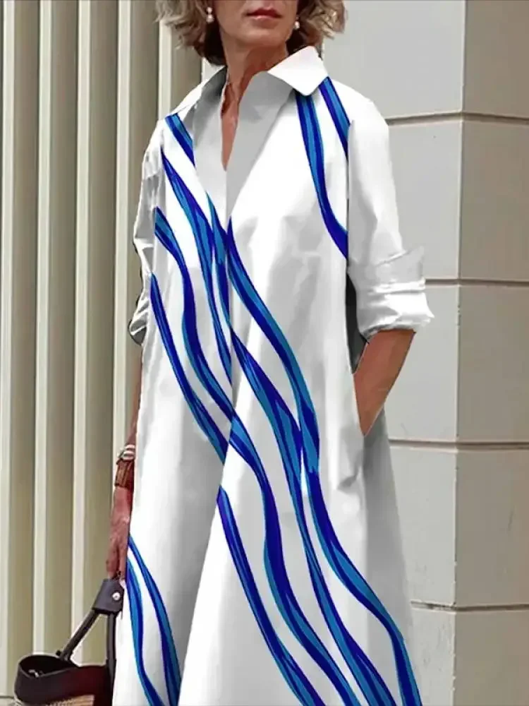 UOOZEE Urban Female Stylish Striped Lapel Shirts Dress 2024 New Spring Summer Buttoned Loose Casual Office Midi Dresses