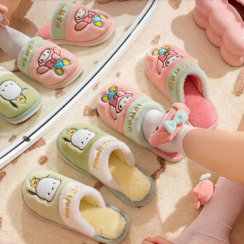 Sanrios Plush Flat Slippers Children Adults Hello Kitty Kuromi Warm Winter Indoor Slipper 28-41 Yards Parent-child Cotton Shoes