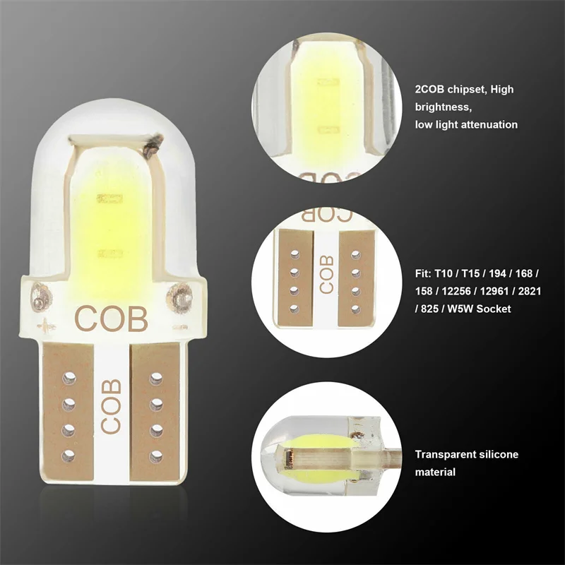 5/10/20PCS LED License Plate Light Bulb W5W T10 COB 4SMD Canbus Compatible White Auto Parking Clearance Lamp Bright Silica Wedge