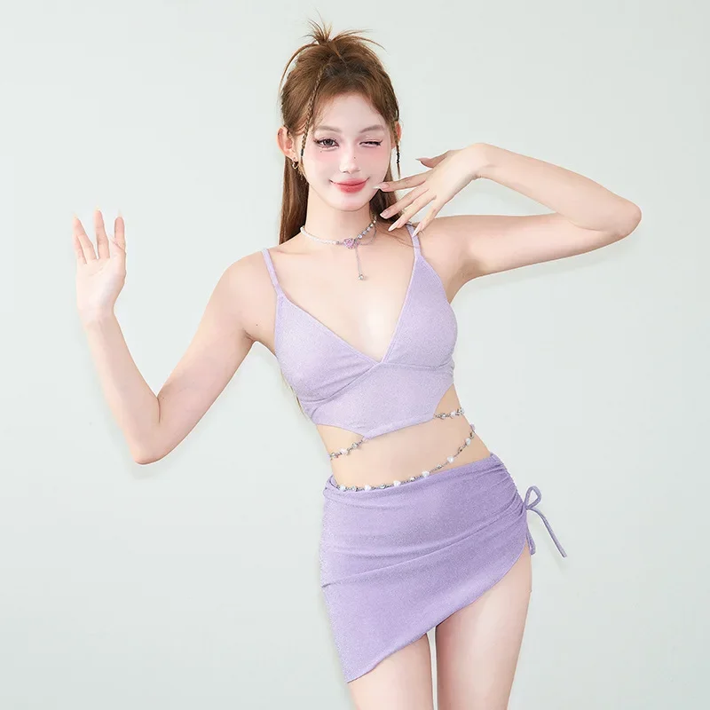 

Summer Beach Women's 3-Piece Bikini Deep V-Neck Beaded String Tie Hollow Out High Waist Drawstring Shiny Trendy Female Swimwear