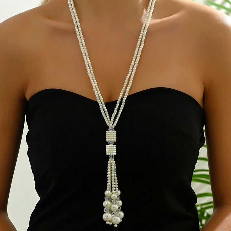 Fashion Simulated Pearl Necklace For Women Handmade Beads Chain Double Layer Necklaces Tassel Chains Pendant Long Necklace