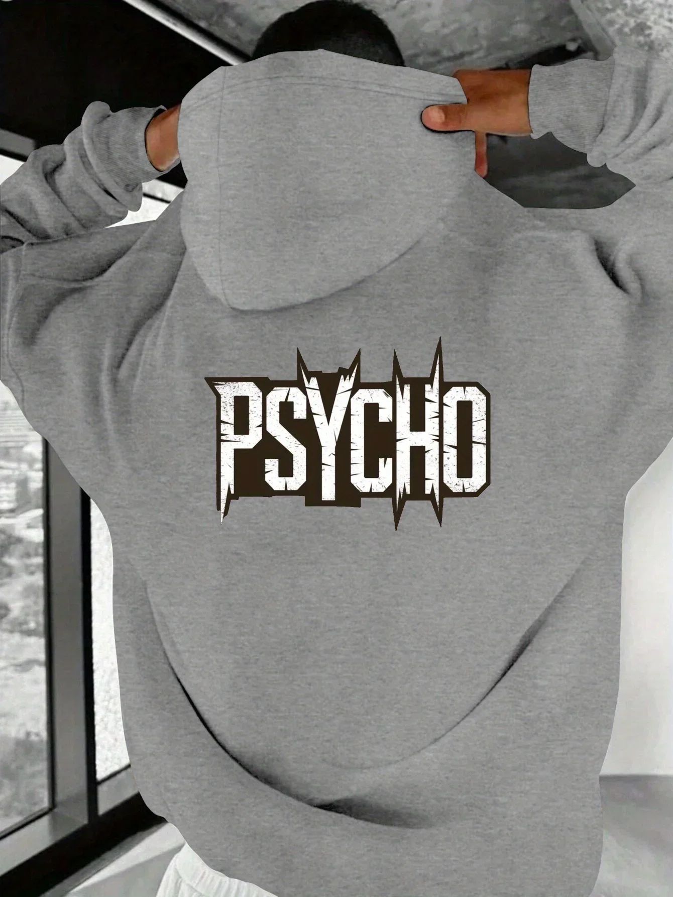 Men Metal Punk Graphic Hoodie PSYCHO Distressed Sharp Font Back Print Pullover Loose Unisex Fleece Hoodie