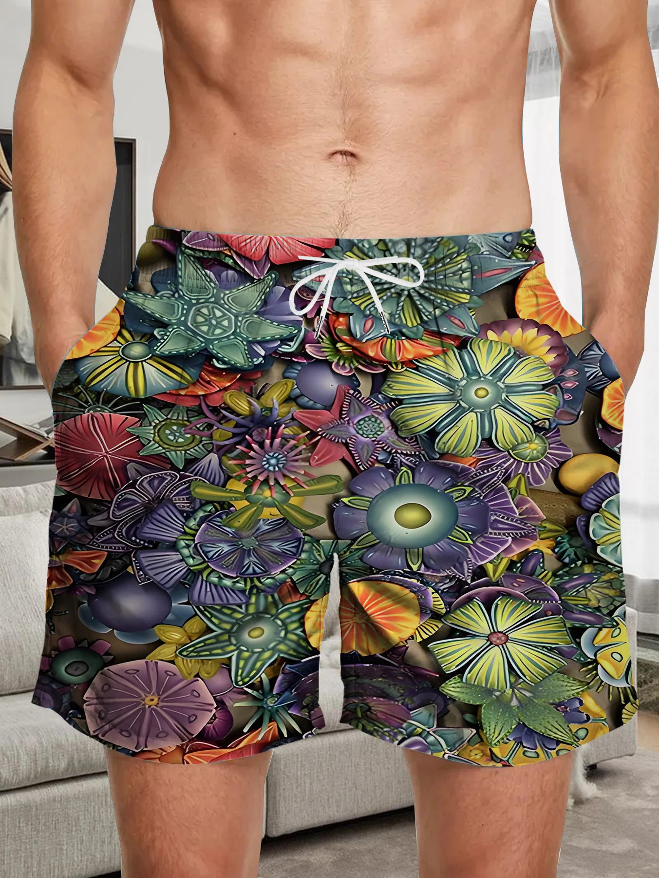 

Loose Fit Digital Printed Shorts Male Full Print Quick Dry Polyester Beach Pants
