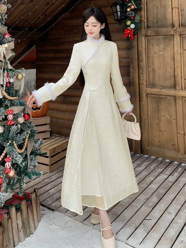 

Женское традиционное китайское платье больших размеров с длинными рукавами, приталенное, модифицированное, длинное, осенне-зимнее