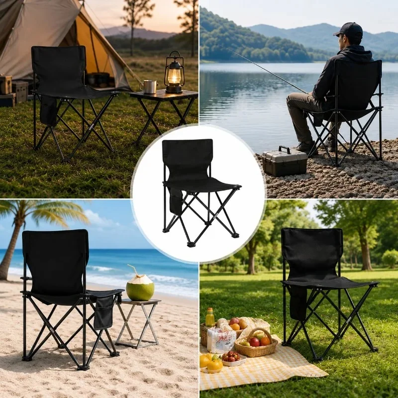 Foldable Lightweight Outdoor Lounge Seat, Oxford Fabric Camping Chair with Side Storage Pocket for Beach & Fishing