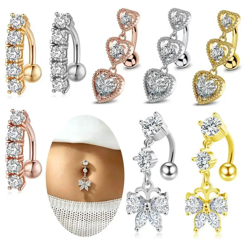 14G Hypoallergenic Stainless Steel Navel Ring Love Design Zircon Tassel Pendant Belly Jewelry for Daily Outfits