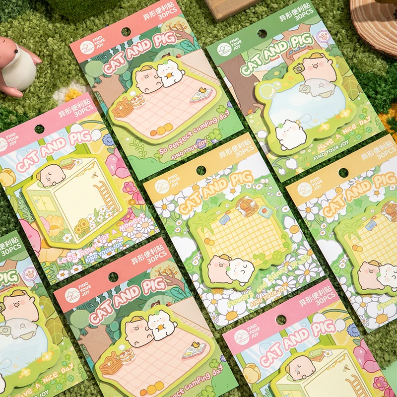 30 hojas de notas adhesivas, Bloc de notas colorido de dibujos animados, papelería Ins Kawaii, pestañas publicadas, papel para mensajes, suministros escolares