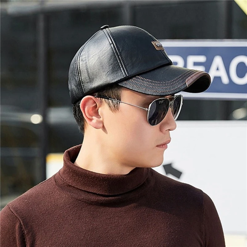 NEW Baseball Cap Casual Fashion Hat Autumn Winter Plus Velvet Cap Simple all-match Leather Baseball Cap For Men