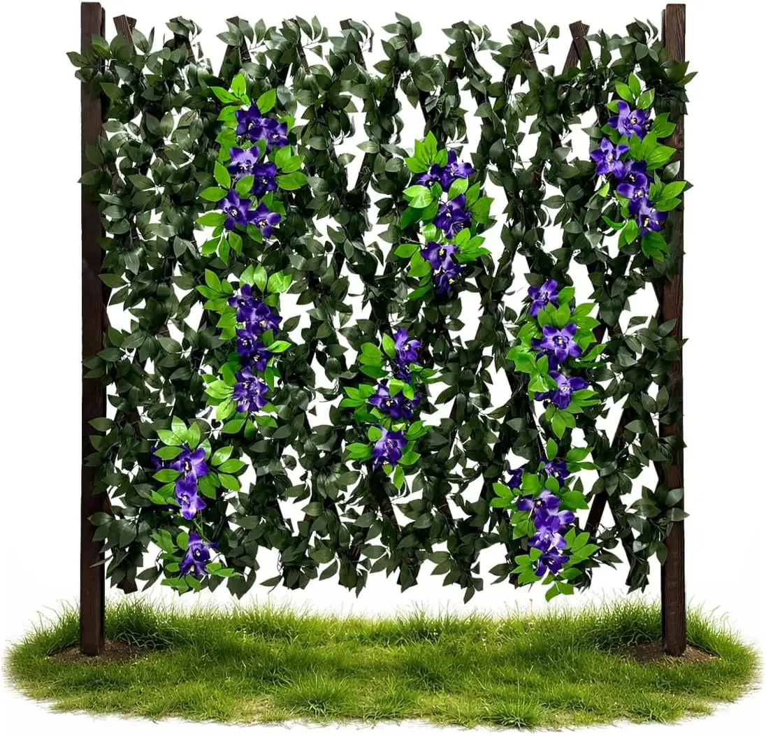 Expandable Wooden Privacy Fence with Artificial Flowers & Greenery, In-Ground Decorative Outdoor Privacy Screen to Hide AC Units & Trash Cans, Garden & Yard Decor Panel