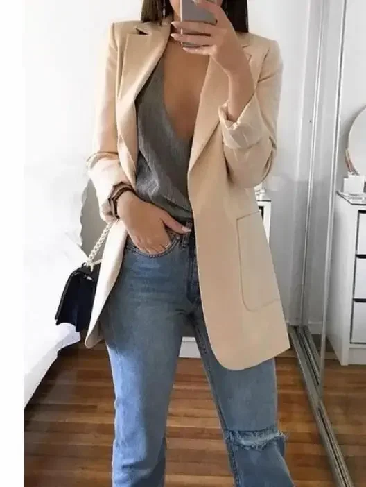 Blazer Women 2024 Autumn Coat Temperament Office Lady Tops Solid Color Full Sleeve Pockets Turn Down Collar Jacket Female