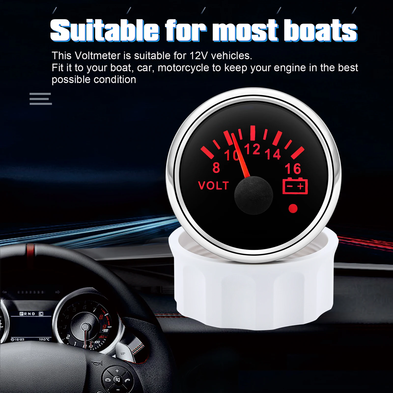 Auto Car Gauge 7 Color Backlight 52MM Voltmeter 8-16V 18-32V Volt Meter Indicator with Alarm Warning Light For Marine Boat Truck