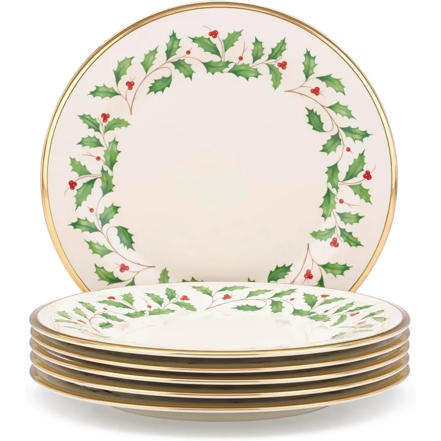 

Holiday 6Piece Dinner Plates Dinnerware Set Service For 6 Porcelain Dishwasher Safe Round Plates Set Holiday Red and Green Perf