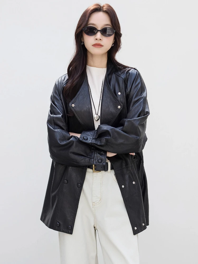 سترة واقية من الجلد الطبيعي غير رسمية للنساء لربيع وخريف الراقية وبسيطة وياقة ثابتة وشمع زيتي صلب معطف من جلد الغنم الحقيقي