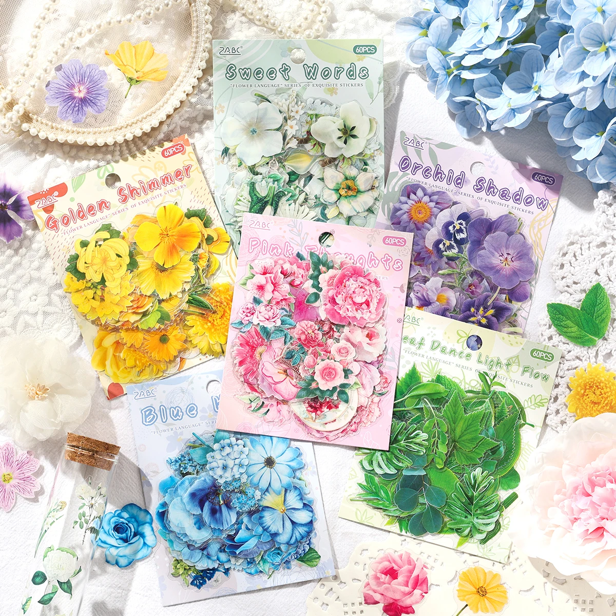60pcs Bright Floral Pattern Transparent Stickers,PET Waterproof Floral Stickers,for Scrapbook And Stationery Decoration DIY Gift