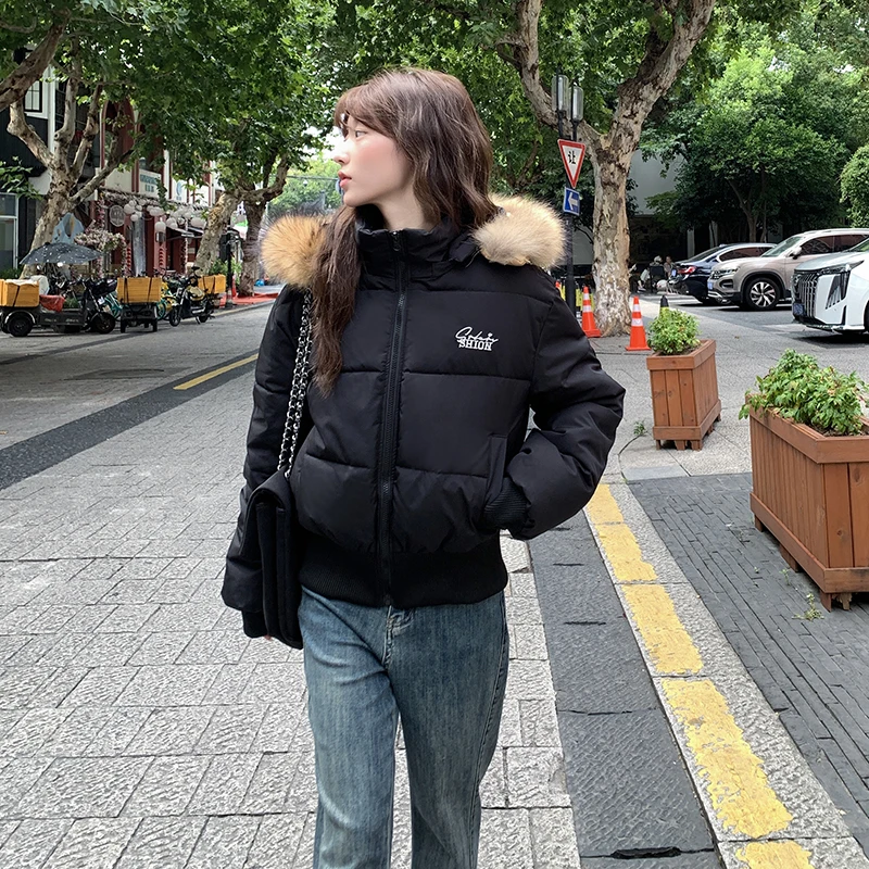 

New Autumn Winter Fur Collar Hooded Short Parkas Women Thick Down Cotton Padded Coat Female Long Sleeve Puffer Jacket Outerwear