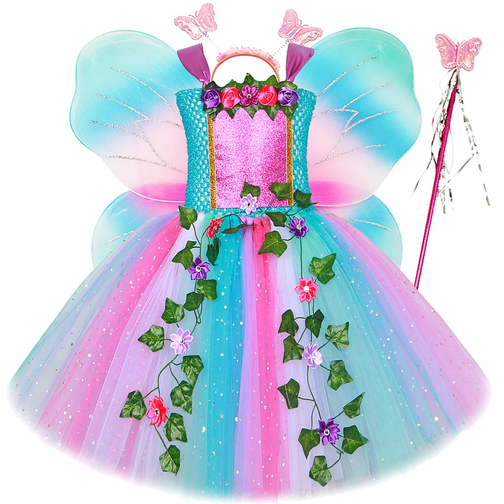 Sparkly Woodland Forest Fairy Costume for Girls Jungle Ivy Flower Fairies Princess Dresses with Wings Kids Halloween Tutu Outfit