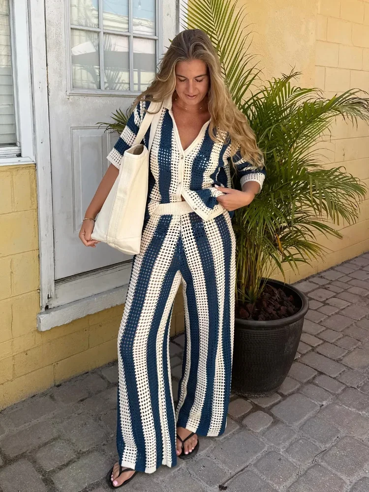 

Women's Striped Knit Sets 2025 Casual Hollow Out Shirt High Waist Pants Loose Fit Vacation Outfits Contrast Lapel 2 Piece Suits