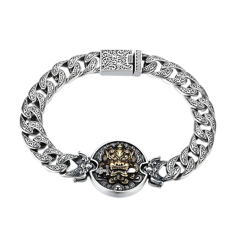 QN Silver Color Lion Bite Sword Personalized Fashion Retro Men\'s Bracelet Chain Width 10mm Bracelets Male Jewelry for Woman