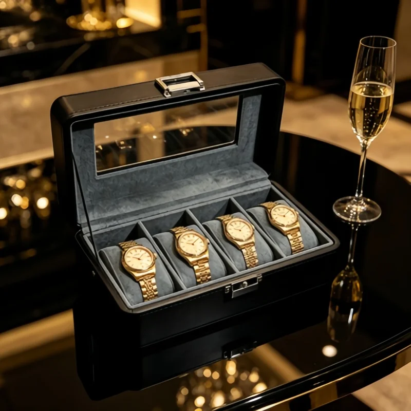 

4 Slot Watch Box with Metal Lock, Clear Window Leather Organizer + Automatic Storage Bag for Travel Home