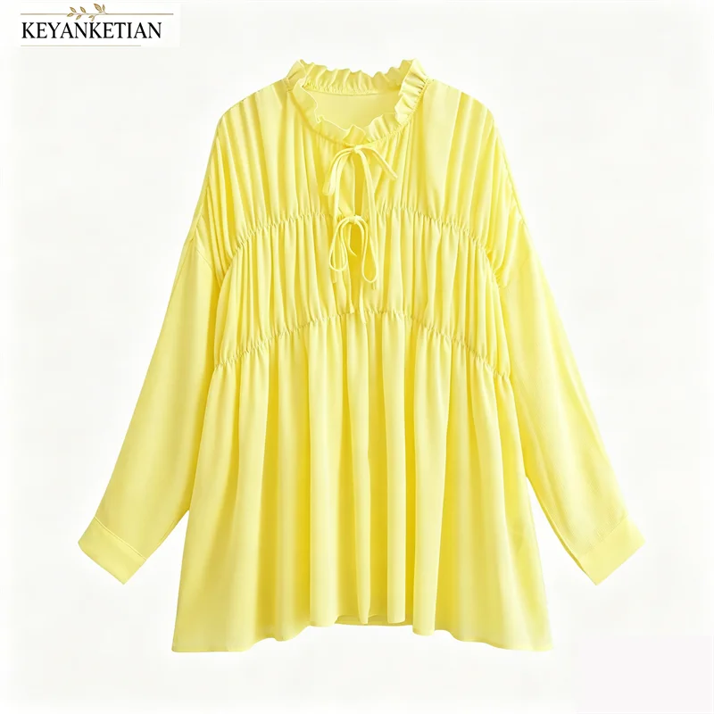 

KEYANKETIAN 2026 Solid Pale Yellow Textured Chiffon Tunic Top Frill Collar Dual Drawstring Gathered Waist Oversize Long Blouse