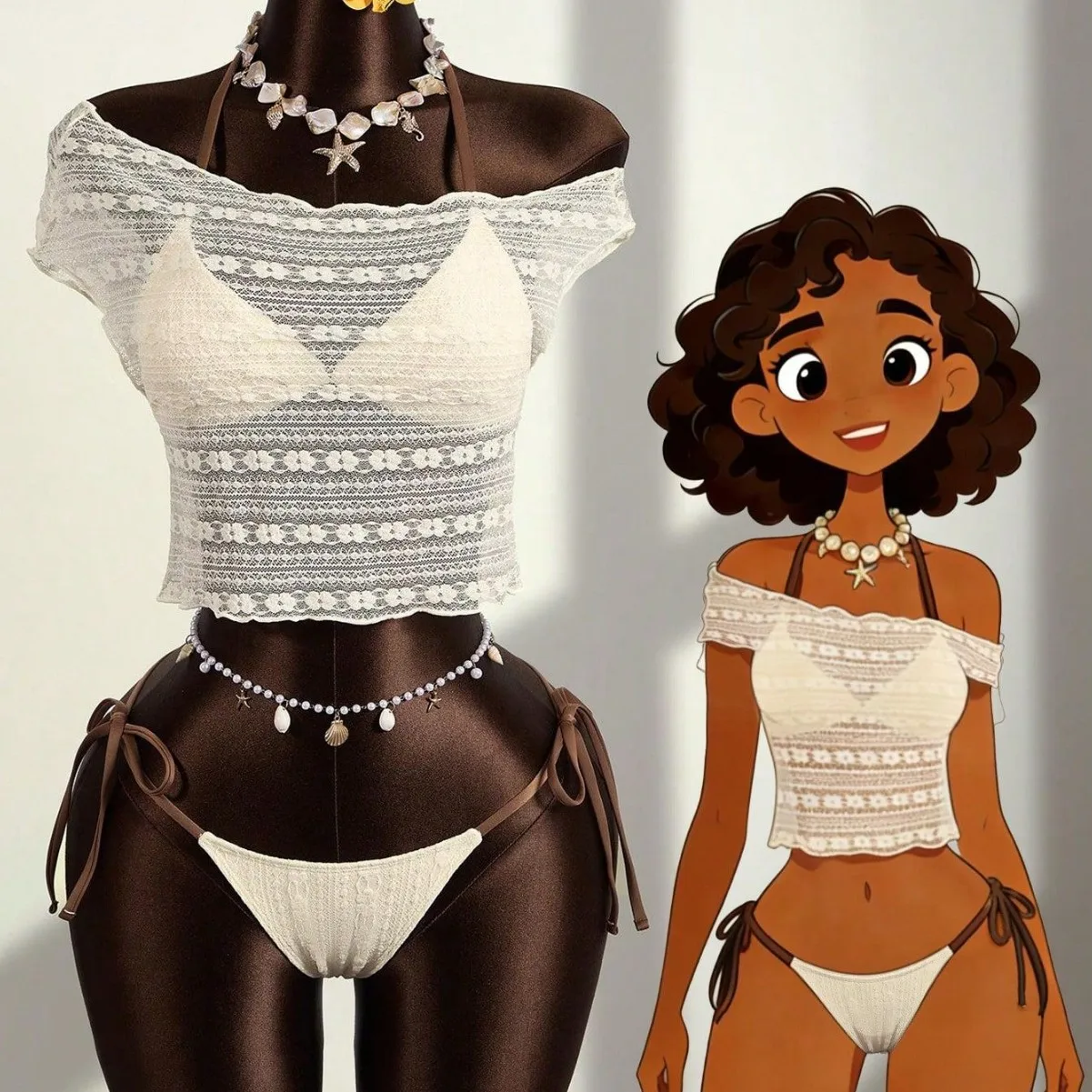 New Summer Women's Sexy Fashion Solid Color Lace Neck Strap Split Swimsuit Set