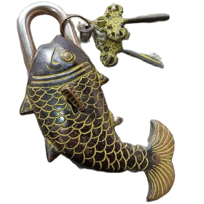 Ancient Bronze Home Garden Lock With Two Key Carp Shaped Protection Tool Excellent Collection Can Be Use